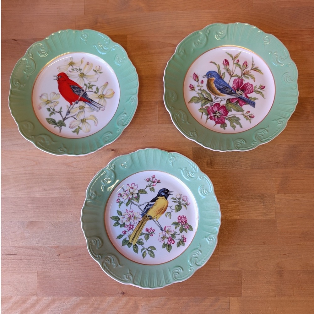 Vintage Style Bird Plates Set of 3 Green Scalloped Embossed Floral 8 inch Decor